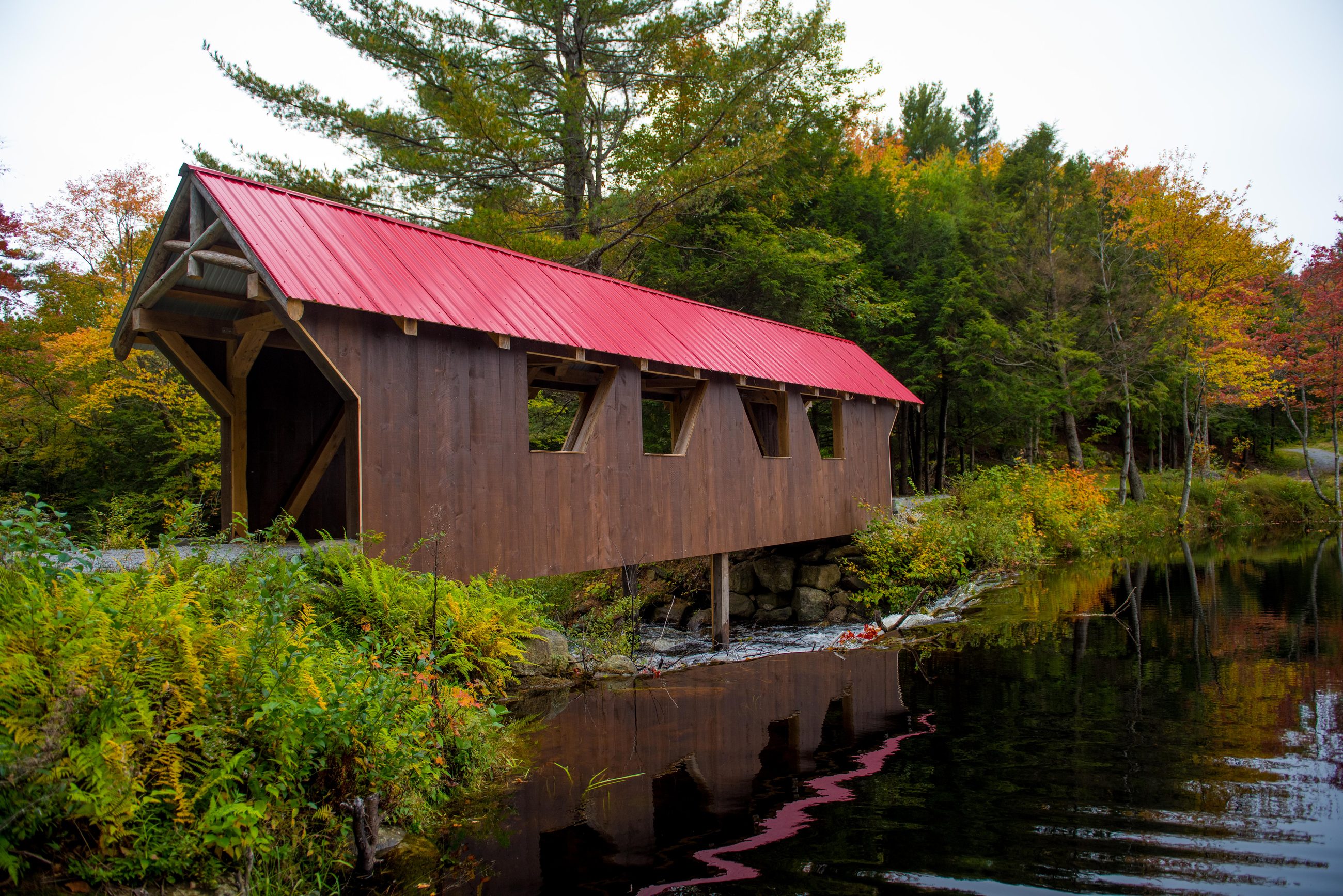The covered bridge at the head of the pond