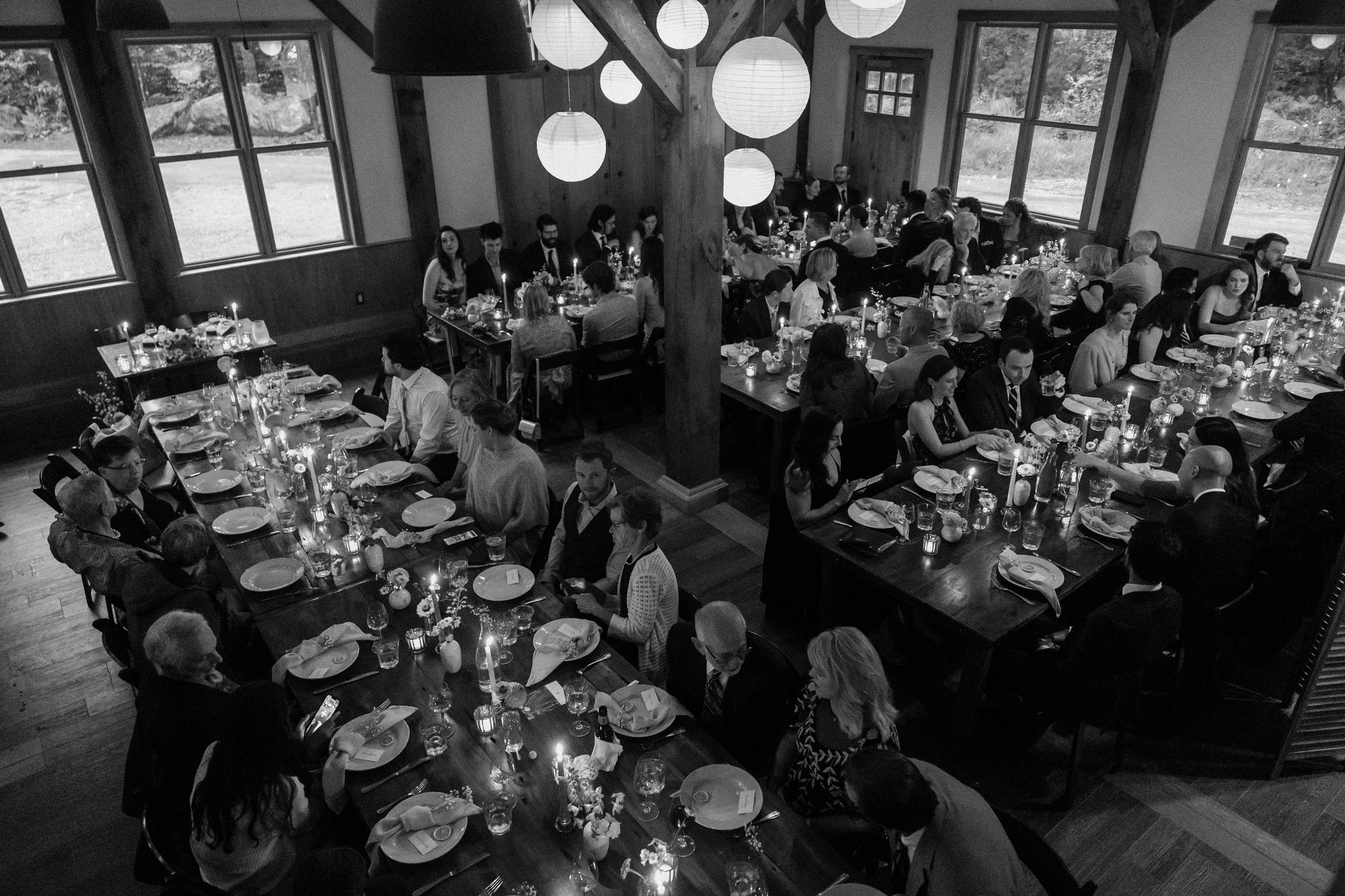 The Barn set for dinner, black and white