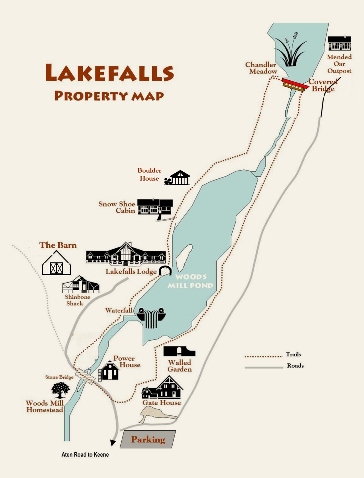 Don Healy's property map of Lakefalls, Woods Mill Pond with the Lodge and the Barn on its west shore, the covered bridge at its head and Mended Oar beyond